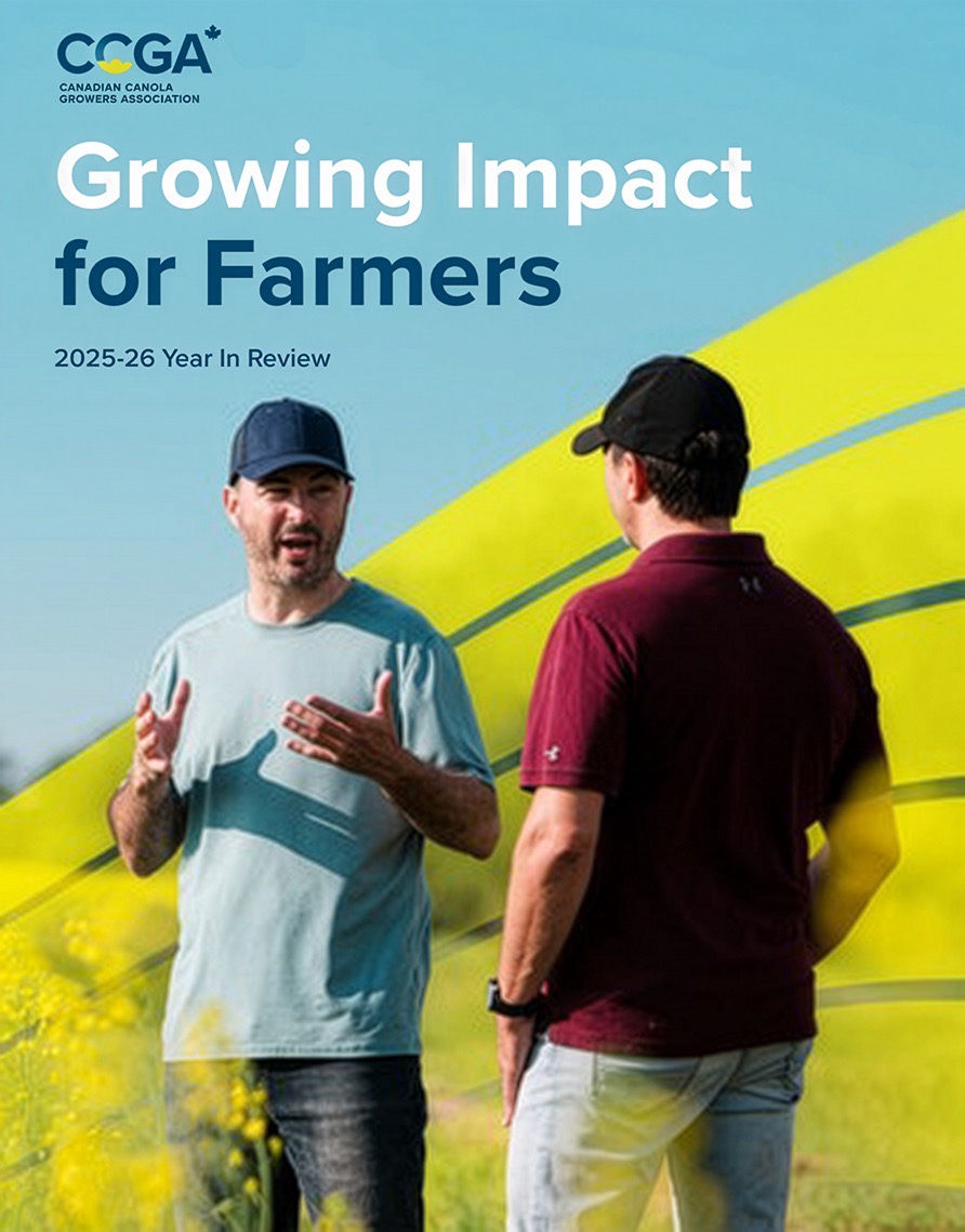 CCGA Year In Review graphic, 2 farmers talking in canola field